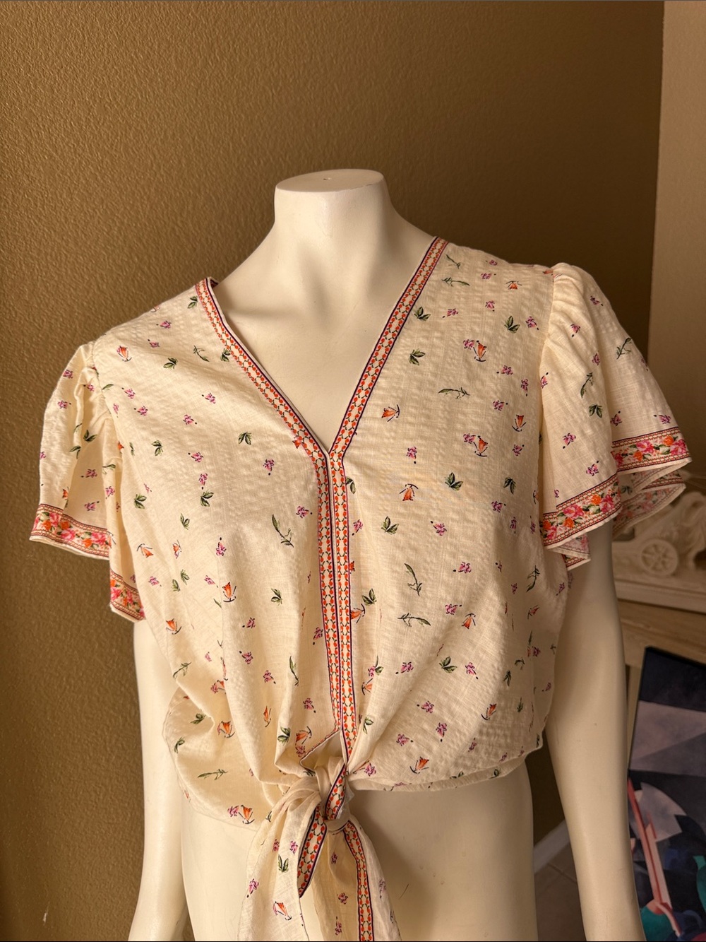 Max Studio Cream Floral Tie-Front Blouse with Pink & Orange Accents